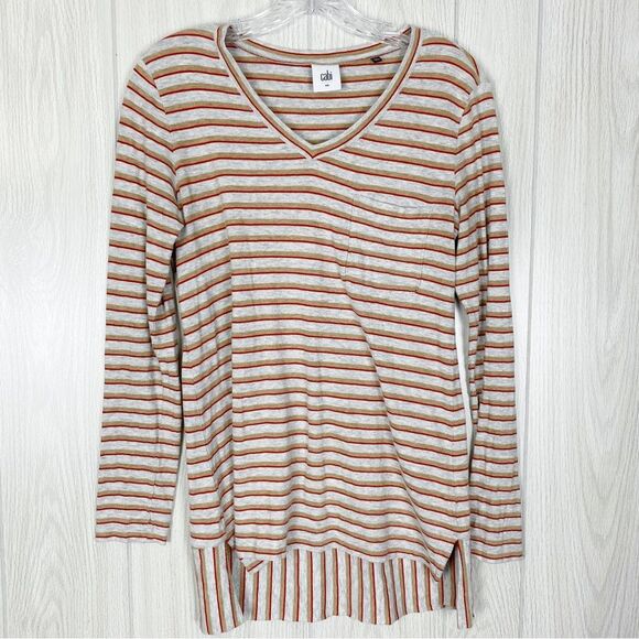 Cabi | Gray & Red Striped Skipper V-Neck Long Sleeve Size Small - Picture 1 of 10